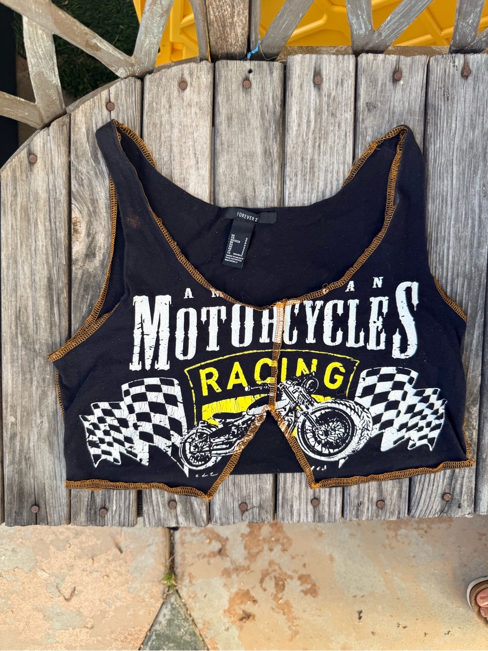 Forever 21 Black Motorcycle Racing Graphic Crop Tank with Yellow Accents